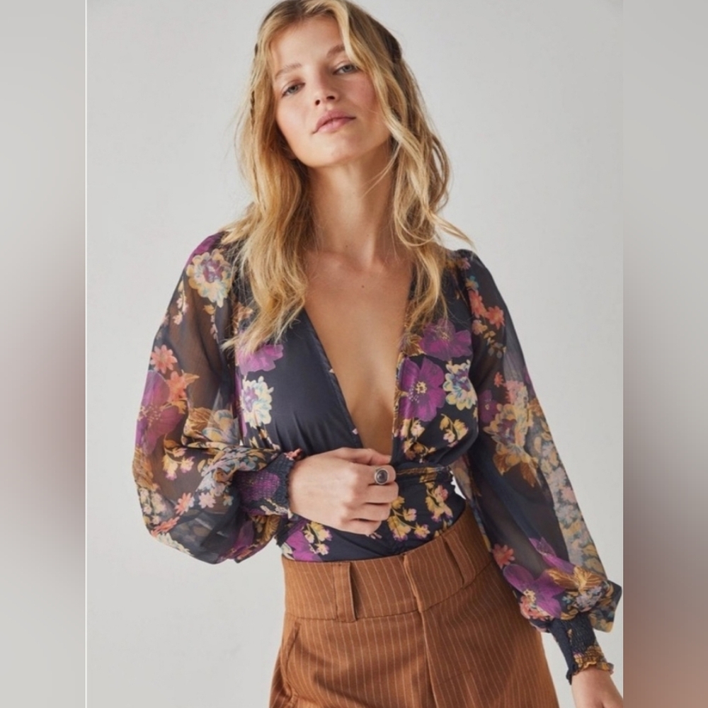FREE PEOPLE Intimately Wanderlust Bodysuit Black Floral Balloon Sleeve Sz XL NWT